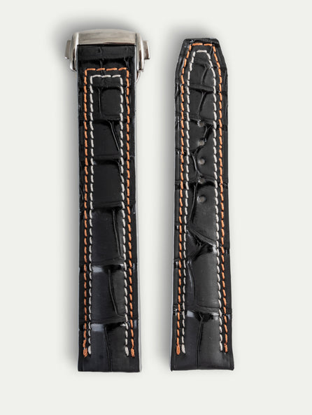 Bracelet Recrue pour Omega – Alligator noir Dark Night, couture grise et ocre