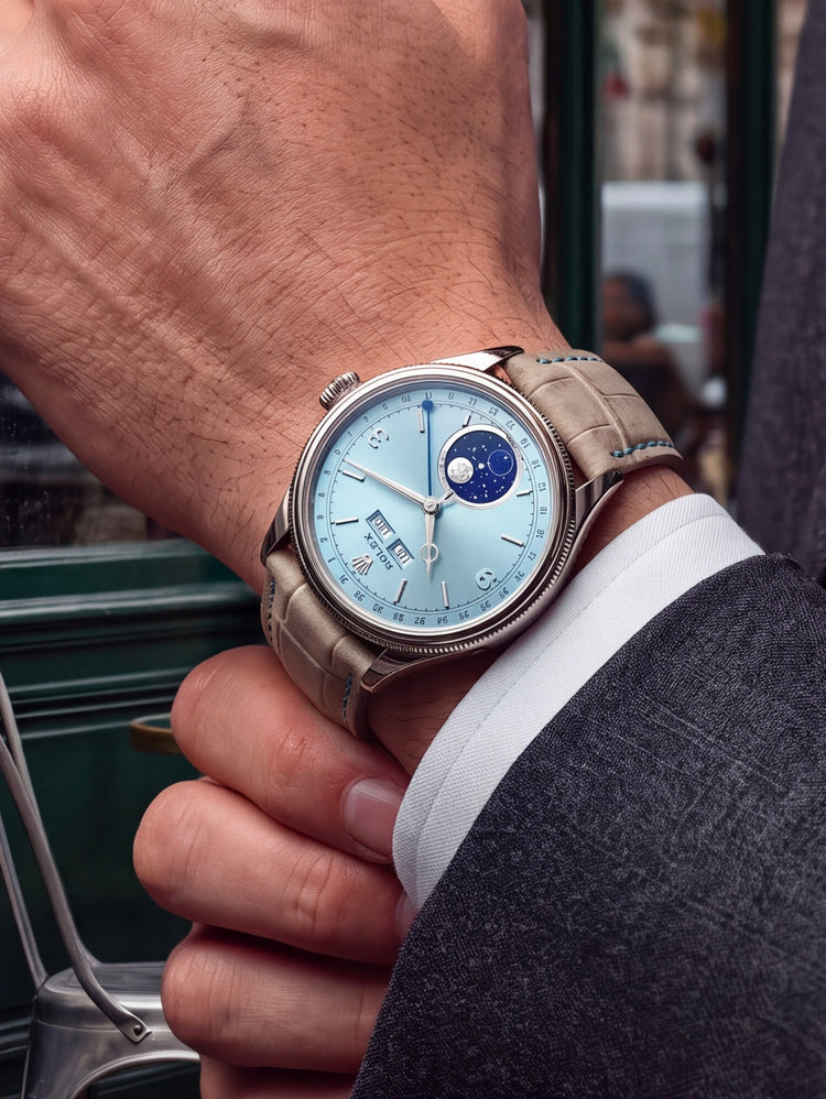 Rolex Perpetual Padellone acier cadran bleu avec bracelet alligator nubuck gris