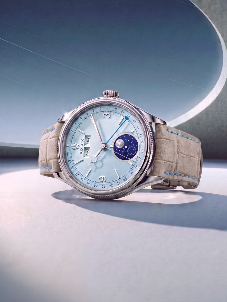 Rolex Perpetual Padellone acier et bracelet alligator nubuck gris à anses courbes