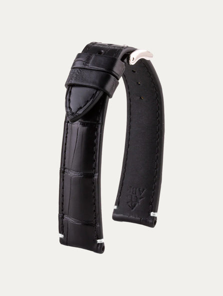 Bracelet-montre cuir - Alligator / crocodile noir avec couture points d'arrêt contrastée