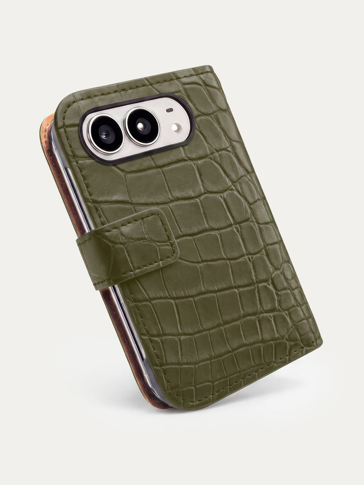 Folio cuir pour iPhone Duo en alligator kaki