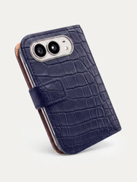 Folio cuir pour iPhone Duo en alligator bleu marine, vue de profil