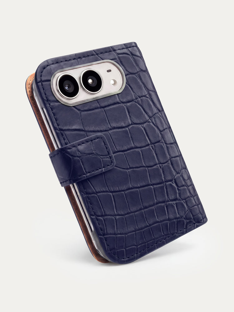 Folio cuir pour iPhone Duo en alligator bleu marine, vue de profil