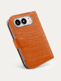 Folio cuir pour iPhone Duo en alligator orange, vue de profil