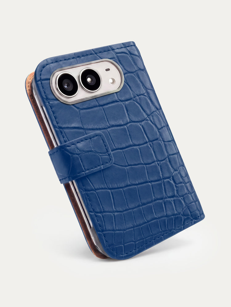 Folio cuir pour iPhone Duo en alligator bleu royal, vue de profil
