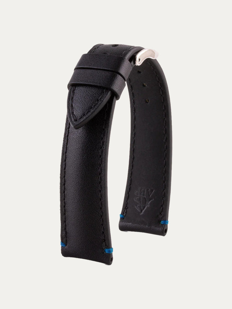 Black Calfskin watch strap with stop stitches