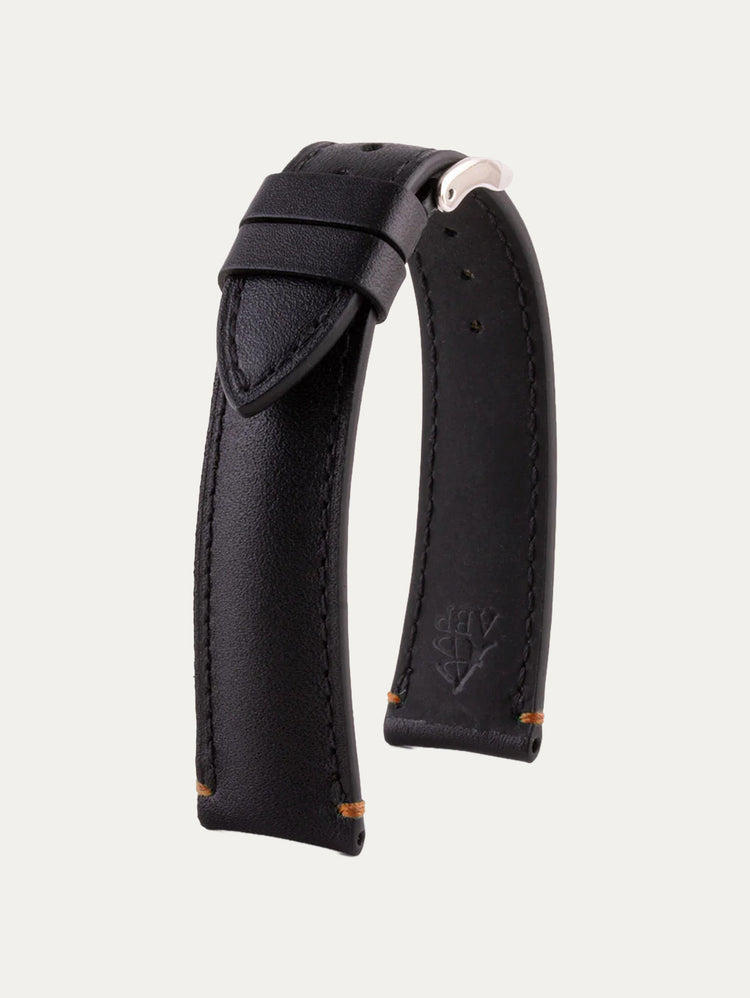 Black Calfskin watch strap with stop stitches