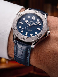Bracelet Agent pour Omega – Alligator bleu marine, couture bleu jean