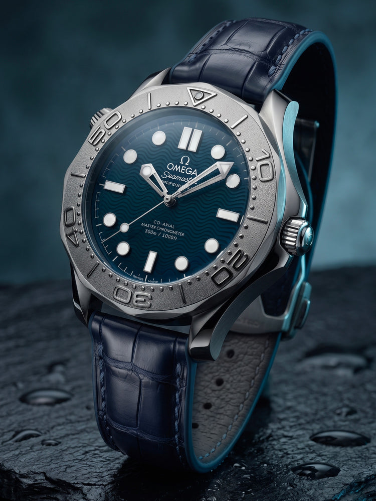 Bracelet Agent pour Omega – Alligator bleu marine, couture bleu jean