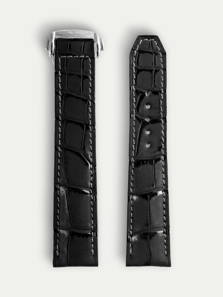 Bracelet Ombre pour Omega – Alligator noir Dark Night, couture grise
