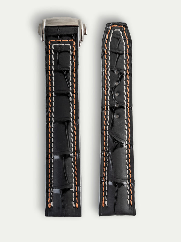 Bracelet Recrue pour Omega – Alligator noir Dark Night, couture grise et ocre