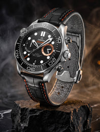 Bracelet Recrue pour Omega – Alligator noir Dark Night, couture grise et ocre