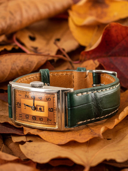 Bracelet cuir classique "Onirique" - Emeraude Sépia - Alligator vert