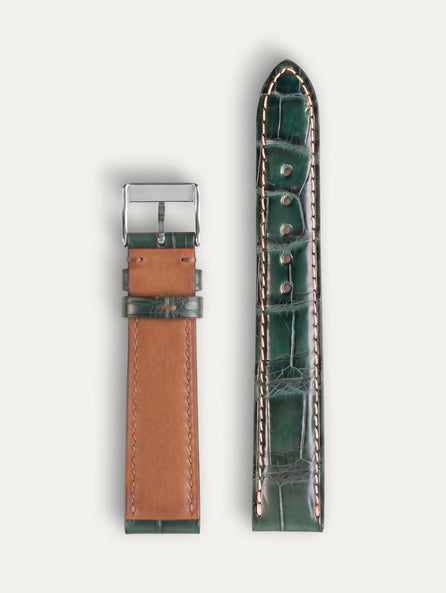 "Onirique" Classic Leather watch strap - Sepia Emerald - Green Alligator