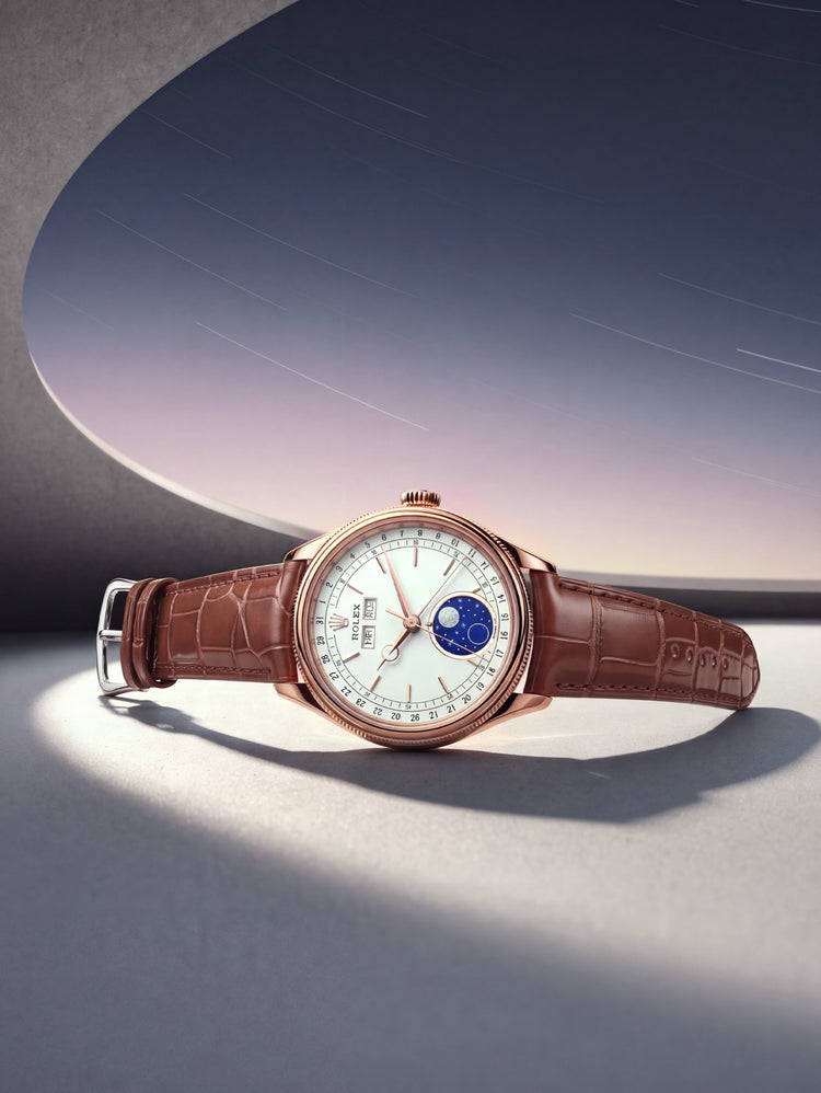 Rolex Perpetual Padellone or rose et bracelet alligator marron à anses courbes