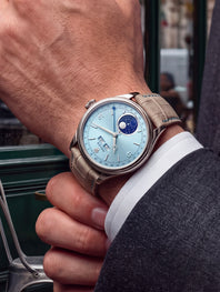 Rolex Perpetual Padellone acier cadran bleu avec bracelet alligator nubuck gris