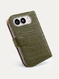 Folio cuir pour iPhone Duo en alligator kaki, vue de profil