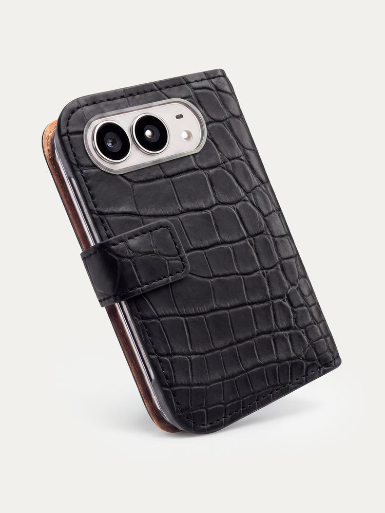 Folio cuir pour iPhone Duo en alligator noir, vue de profil